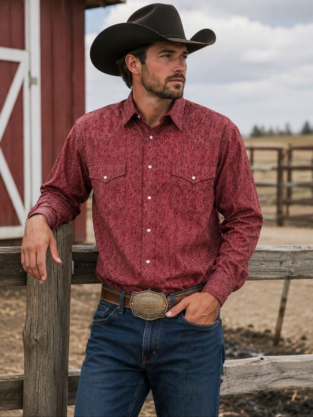 Roper shirt Men’s size Medium red Burgandy Paisley Western Pearl Snap Long Sleev